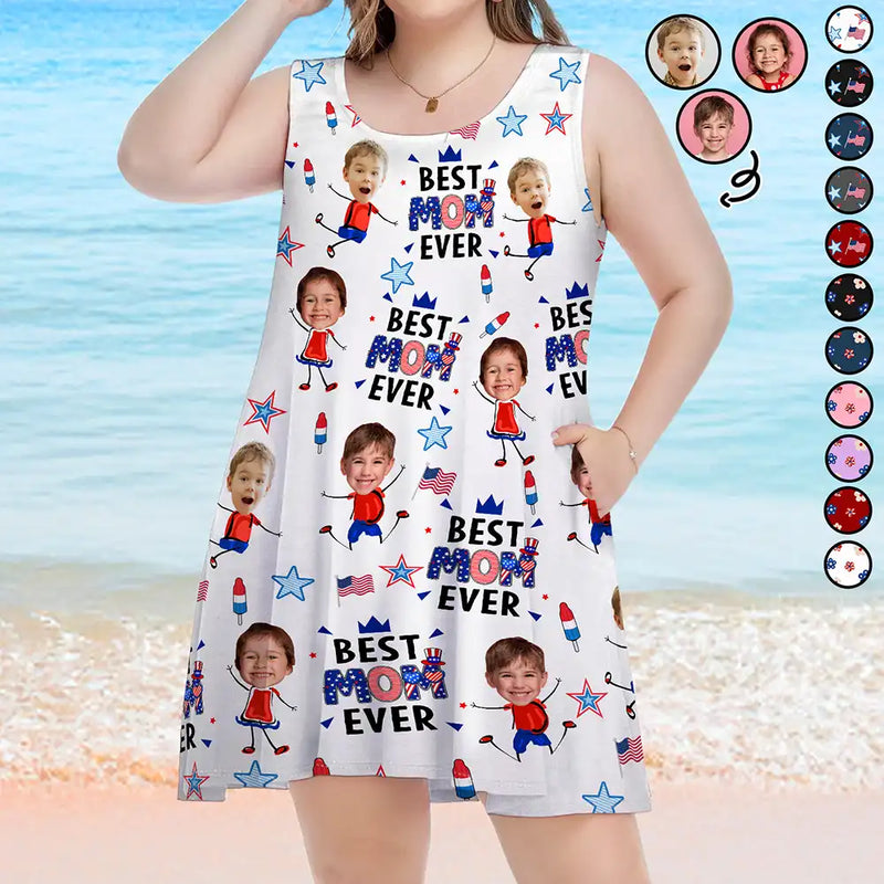 Gift For Mother,Gift For Grandma,Happy,Summer,Independence Day,Photo,Icon,Humorous - Custom Photo Stars & Stripes Best Mom Grandma Ever - Personalized Sleeveless Tank Dress