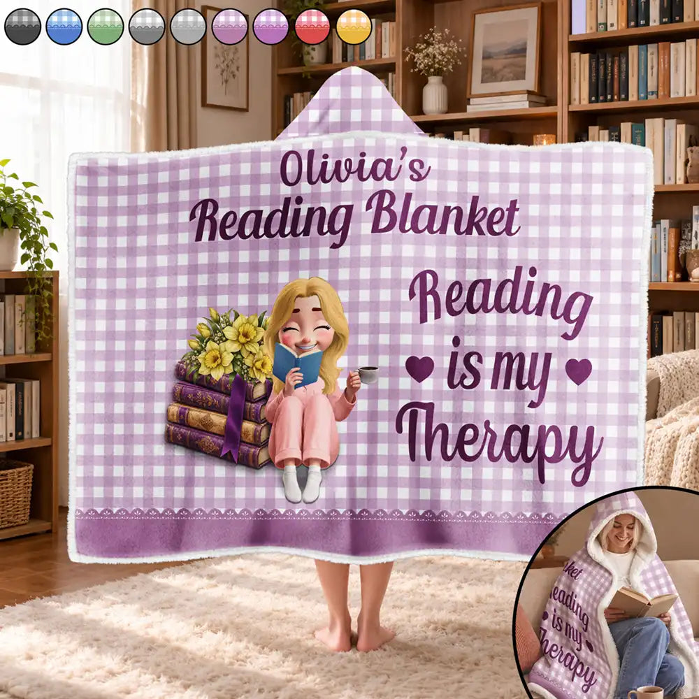 Gift For Book Lovers - Personalized Reading Is My Therapy Wearable Hooded Blanket