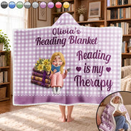 Confident,Gift For Women,Gift For Yourself,Gifts For Her,Reading,Vector - Gift For Book Lovers - Personalized Reading Is My Therapy Wearable Hooded Blanket