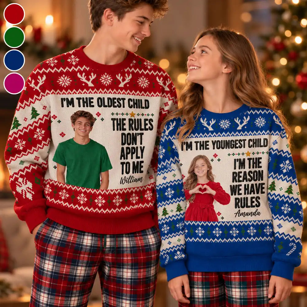 Funny Christmas Siblings Gift For Kids - Personalized Custom Photo Unisex Ugly Sweater