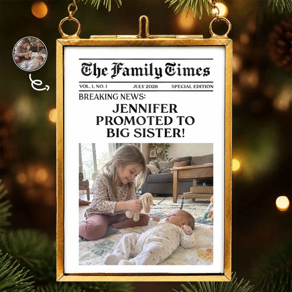 Christmas Gift For Big Sister Or Brother - Personalized Custom Photo Newspaper Metal Frame Ornament