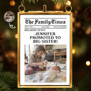Adorable,Christmas,Custom Photo,First Christmas,Gift For Kids,New Baby,Upload Full Photo - Christmas Gift For Big Sister or Brother - Personalized Custom Photo Newspaper Metal Frame Ornament