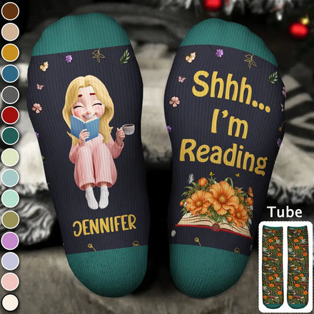 Gifts For Book Lovers, Bookworms, Readers - Personalized Birth Flower Shhh I'm Reading Socks