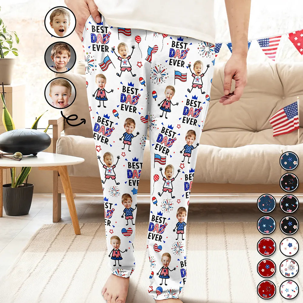 Gift For Father,Gift For Mother,Gift For Grandpa,Gift For Grandma,Stick Figure,Happy,Photo,Icon,Humorous - Custom Photo US Stick Figures Face Cut Best Dad Mom Mama Papa Ever - Personalized Pajama Pants