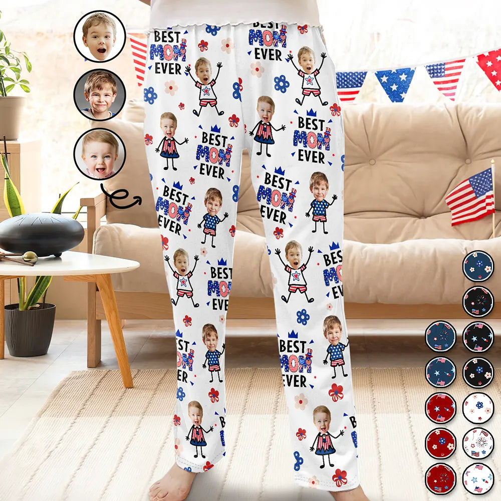 Gift For Father,Gift For Mother,Gift For Grandpa,Gift For Grandma,Stick Figure,Happy,Photo,Icon,Humorous - Custom Photo US Stick Figures Face Cut Best Dad Mom Mama Papa Ever - Personalized Pajama Pants