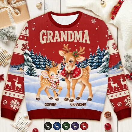 Christmas Gift For Grandma - Personalized Reindeer Grandkids Unisex Ugly Sweater