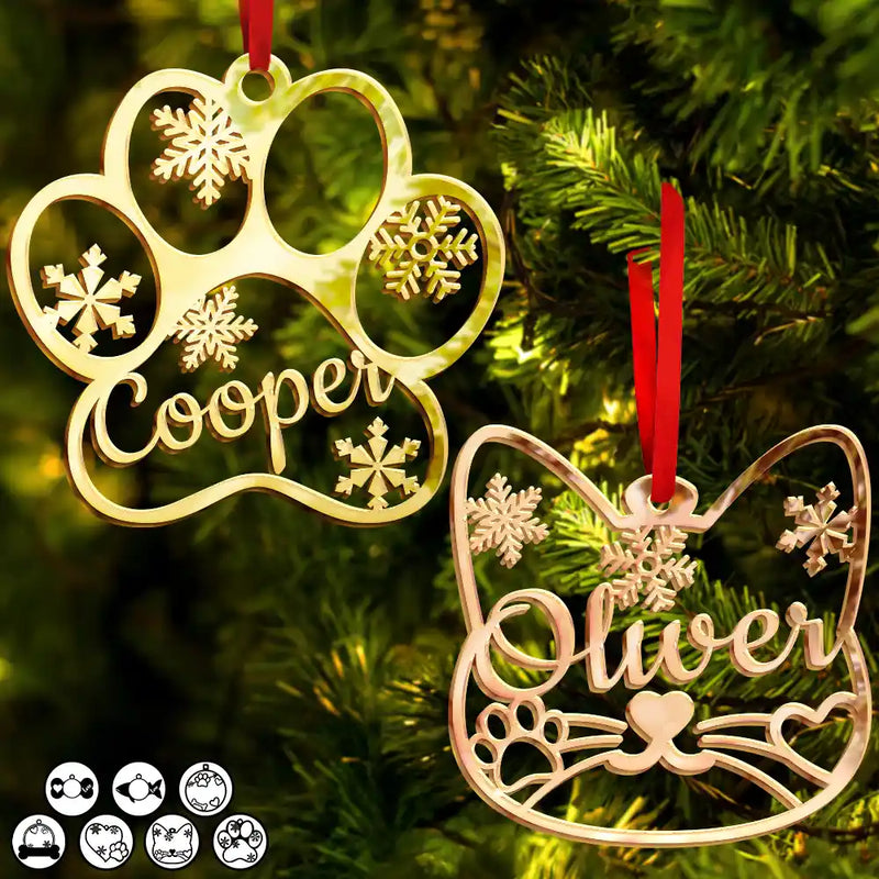 Happy,Christmas,Pet Lovers,Dog Lovers,Cat Lovers - Christmas Pet Paw Sign With Names - Personalized DIY Mirror Acrylic Ornament