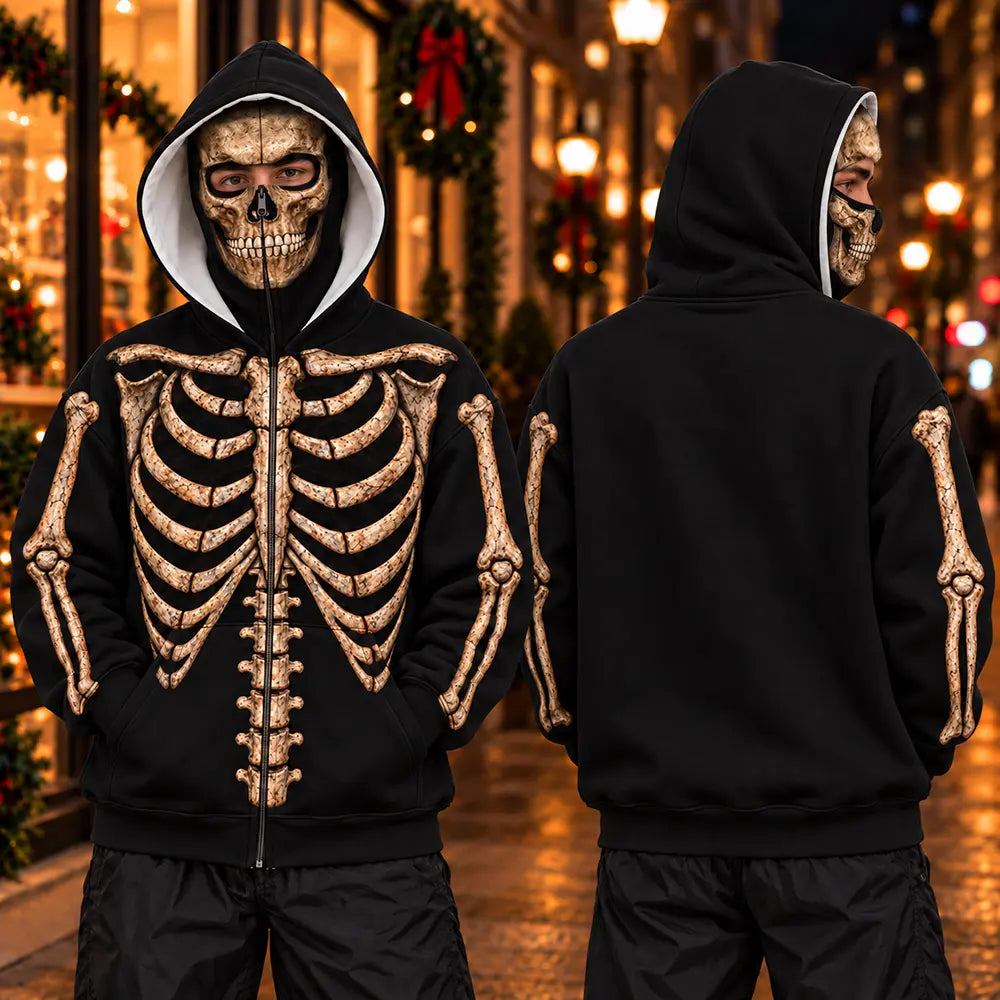 Christmas,Gift For Men,Gift For Yourself,Gifts For Him,Happy,No Custom- Gift For Him, Husband, Friends, Biker - Personalized Skeleton Balaclava Zip Hoodie