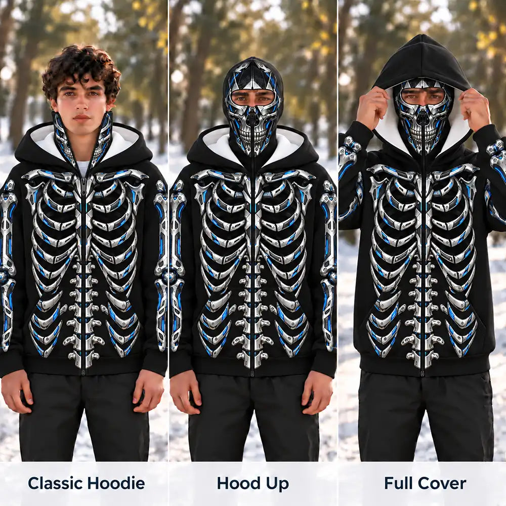 Christmas,Gift For Men,Gift For Yourself,Gifts For Him,Happy,No Custom- Gift For Him, Husband, Friends, Biker - Personalized Skeleton Balaclava Zip Hoodie