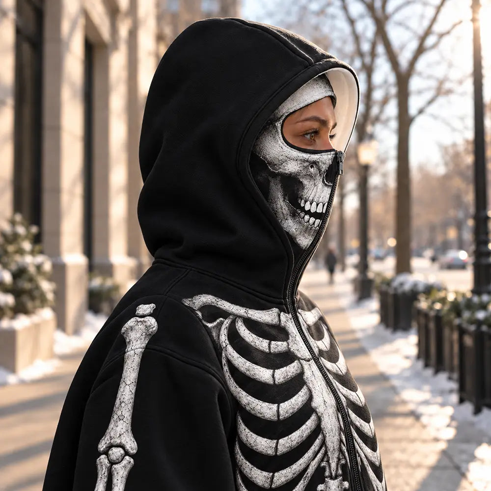 Christmas,Gift For Men,Gift For Yourself,Gifts For Him,Happy,No Custom- Gift For Him, Husband, Friends, Biker - Personalized Skeleton Balaclava Zip Hoodie