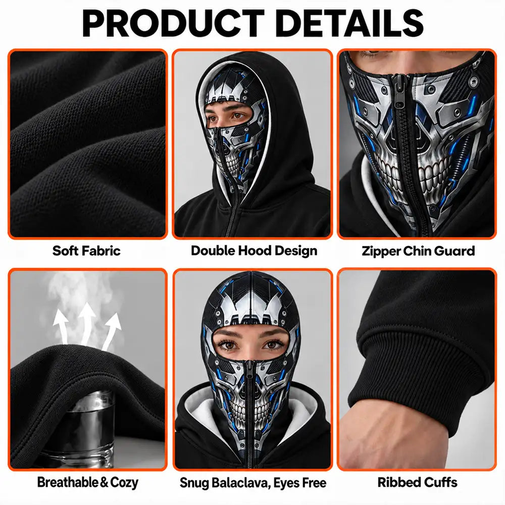 Christmas,Gift For Men,Gift For Yourself,Gifts For Him,Happy,No Custom- Gift For Him, Husband, Friends, Biker - Personalized Skeleton Balaclava Zip Hoodie