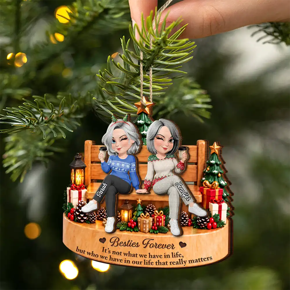 Afro Besties,Christmas,Gift For Bestie,Sentimental,Vector - Christmas Gift For Besties - Personalized Friends Sitting Together 2-Layered Wooden Ornament