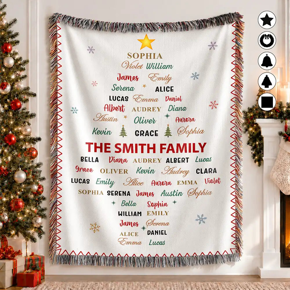 Christmas,Custom Text,Gift For Grandma,Gifts For Her,Sentimental - Christmas Gift For Grandma Mom - Personalized Family & Member Names Word Art Tree Star Wreath Woven Blanket