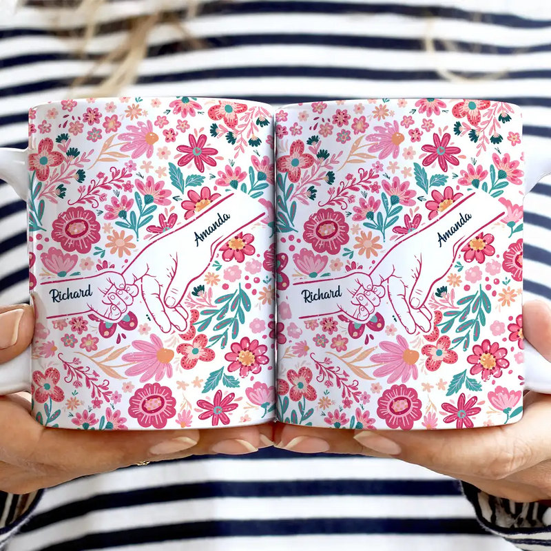 Gift For Mother,Gift For Grandma,Love,Icon - Boho Floral Hand In Hand Grandma Mom - Personalized White Edge-to-Edge Mug