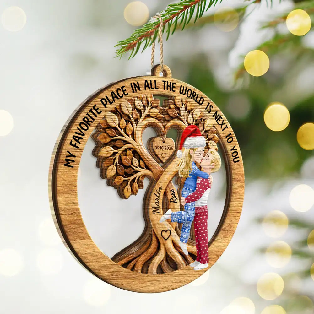 Christmas,Gift For Couples,Old Couples,Romantic,Vector - Christmas Gift For Couples - Personalized Kisssing Under Heart Tree 2-Layered Mix Ornament
