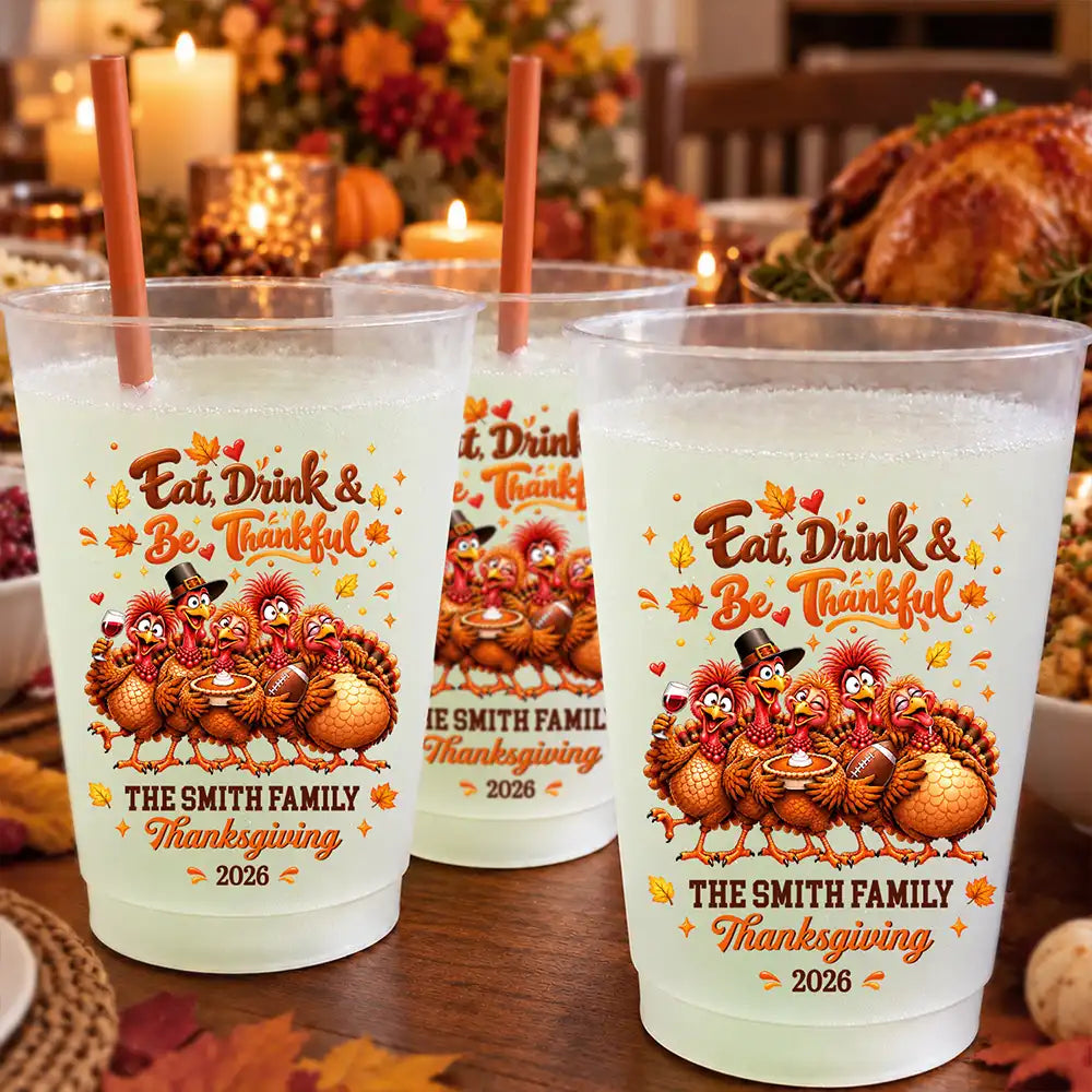 Custom Text, Family, Humorous, Thanksgiving, Top Market - Thanksgiving Gift For Family Gathering - Personalized Family Name & Year Thankful For You Turkeys Frosted Cups