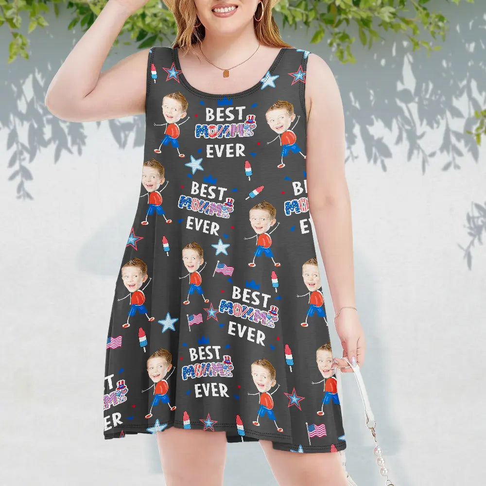 Gift For Mother,Gift For Grandma,Happy,Summer,Independence Day,Photo,Icon,Humorous - Custom Photo Stars & Stripes Best Mom Grandma Ever - Personalized Sleeveless Tank Dress