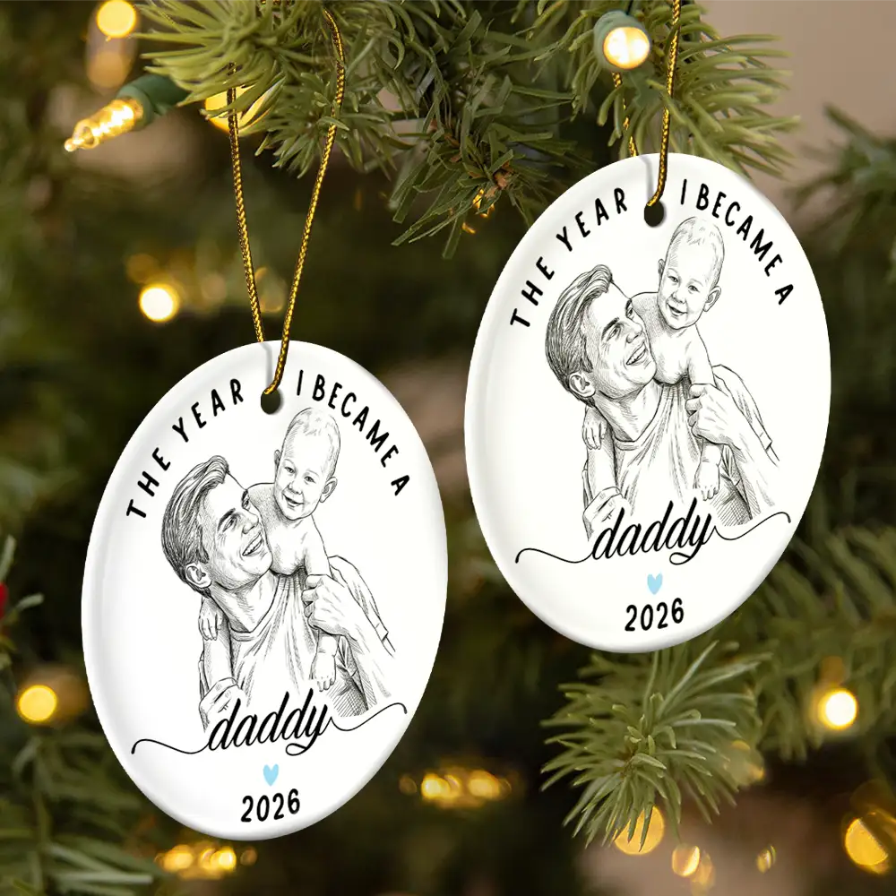 Art Design,Christmas,Custom Photo,First Christmas,Gift For Father,Gifts For Him,Happy,New Baby,New Dad,Photo - Pencil Sketch - Remove BG - Christmas Gift For New Dad - Personalized Custom Photo Pencil Sketch The Year I Became A Daddy Circle Ceramic Ornament