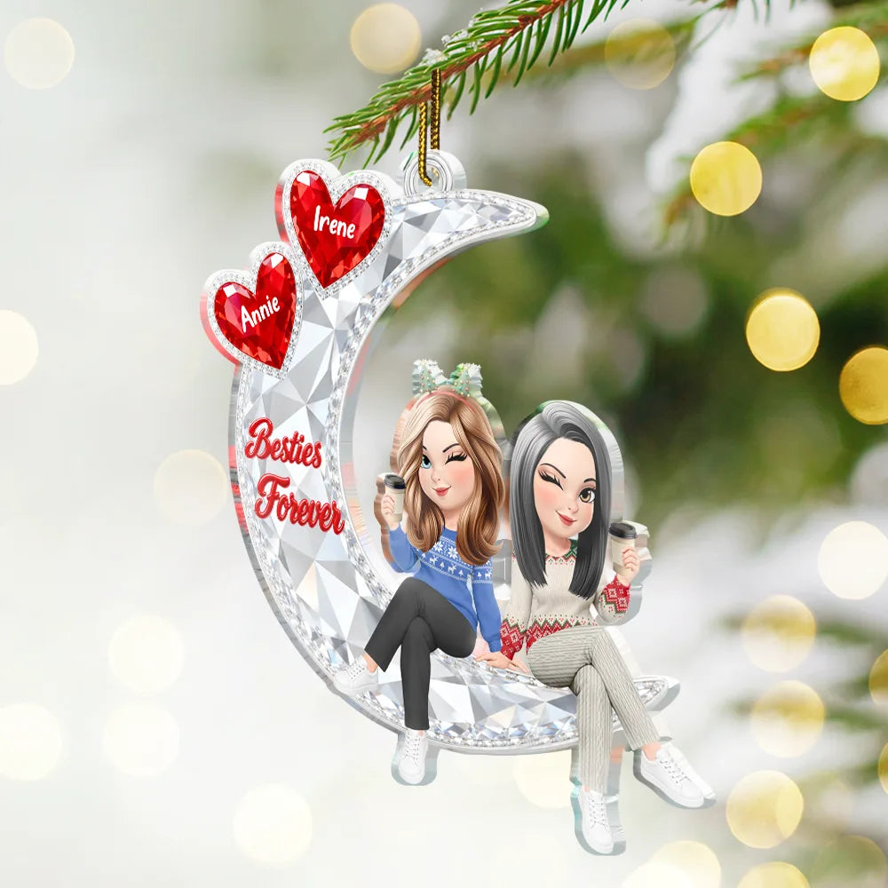 Afro Besties,Christmas,Gift For Bestie,Sentimental,Vector- Christmas Best Friends Gift - Personalized Besties Forever Sitting On Moon Acrylic Ornament