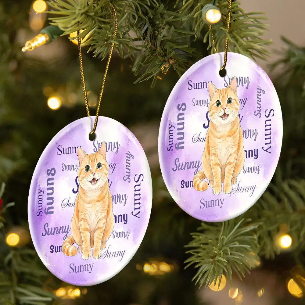 Art Design,Christmas,Custom Photo,Pet Lovers,Photo - Vivid Watercolor Art,Playful - Christmas Gift For Pet Lover - Personalized Custom Photo Watercolor Watercolor Pet With Name Circle Ceramic Ornament
