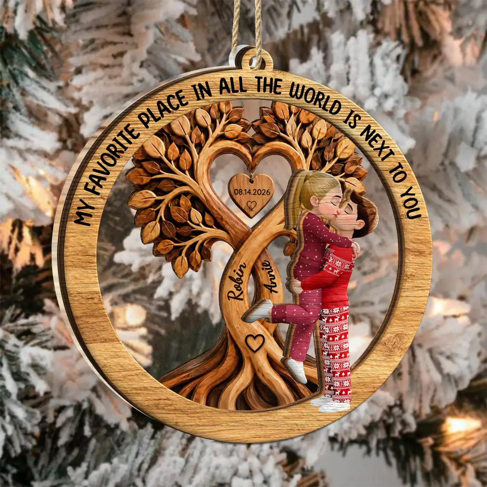 Christmas,Gift For Couples,Old Couples,Romantic,Vector - Christmas Gift For Couples - Personalized Kisssing Under Heart Tree 2-Layered Mix Ornament