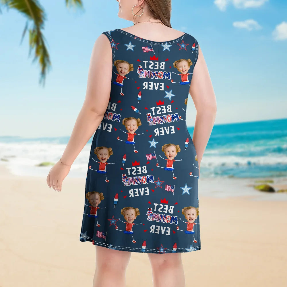 Gift For Mother,Gift For Grandma,Happy,Summer,Independence Day,Photo,Icon,Humorous - Custom Photo Stars & Stripes Best Mom Grandma Ever - Personalized Sleeveless Tank Dress
