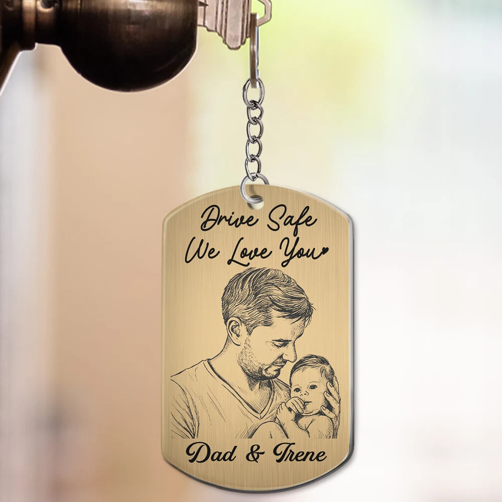Custom Photo,Gift For Father,Dad - Children,Photo - Pencil Sketch,Adorable - Custom Photo Pencil Sketch Dad Children Portrait - Personalized Aluminum Keychain