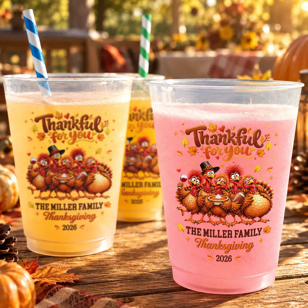 Custom Text, Family, Humorous, Thanksgiving, Top Market - Thanksgiving Gift For Family Gathering - Personalized Family Name & Year Thankful For You Turkeys Frosted Cups