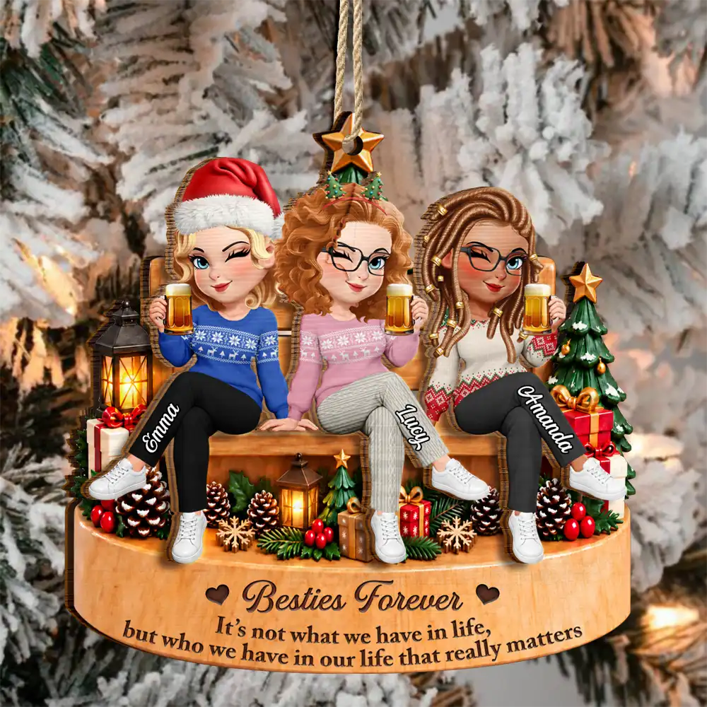 Afro Besties,Christmas,Gift For Bestie,Sentimental,Vector - Christmas Gift For Besties - Personalized Friends Sitting Together 2-Layered Wooden Ornament