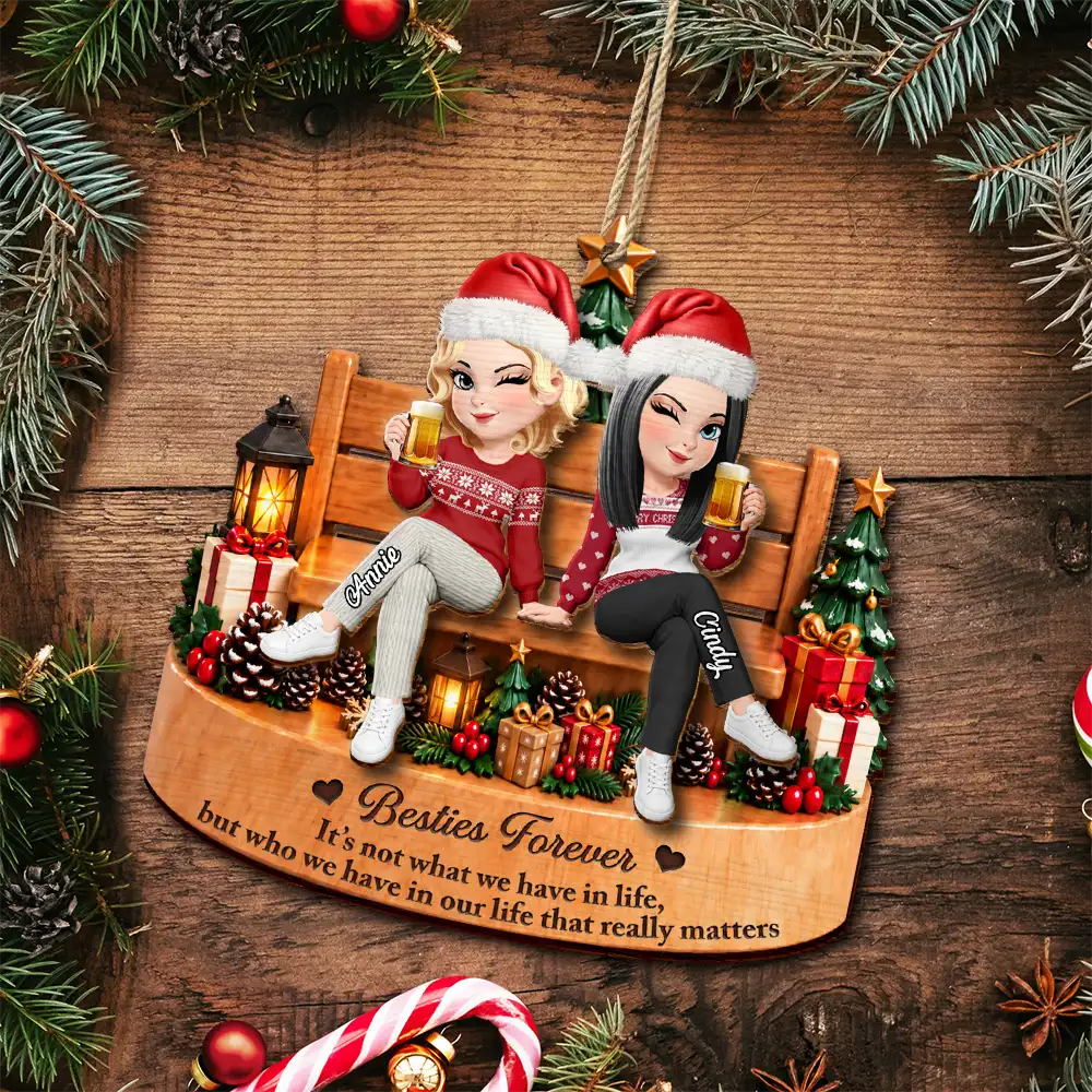 Afro Besties,Christmas,Gift For Bestie,Sentimental,Vector - Christmas Gift For Besties - Personalized Friends Sitting Together 2-Layered Wooden Ornament