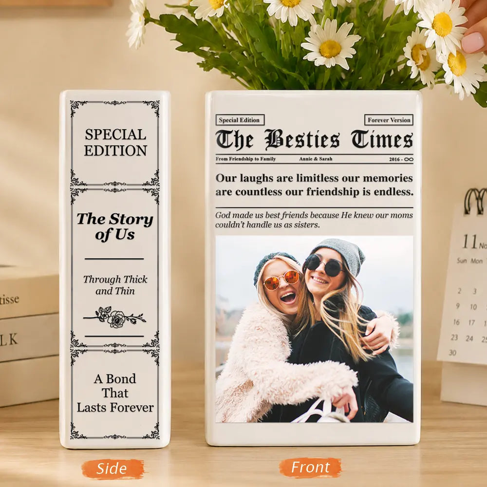 Afro Besties,Christmas,Custom Photo,Gift For Bestie,Humorous,Top Market,Upload Full Photo - Gift For Best Friend - Personalized Custom Photo Newspaper Ceramic Book Vase