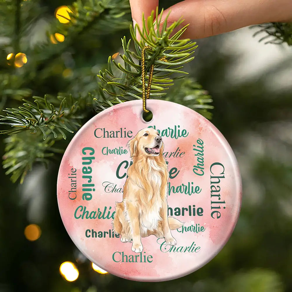 Art Design,Christmas,Custom Photo,Pet Lovers,Photo - Vivid Watercolor Art,Playful - Christmas Gift For Pet Lover - Personalized Custom Photo Watercolor Watercolor Pet With Name Circle Ceramic Ornament