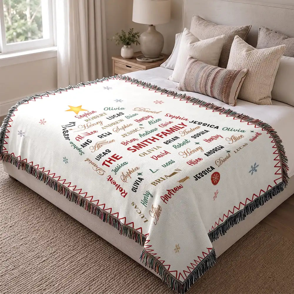 Christmas,Custom Text,Gift For Grandma,Gifts For Her,Sentimental - Christmas Gift For Grandma Mom - Personalized Family & Member Names Word Art Tree Star Wreath Woven Blanket