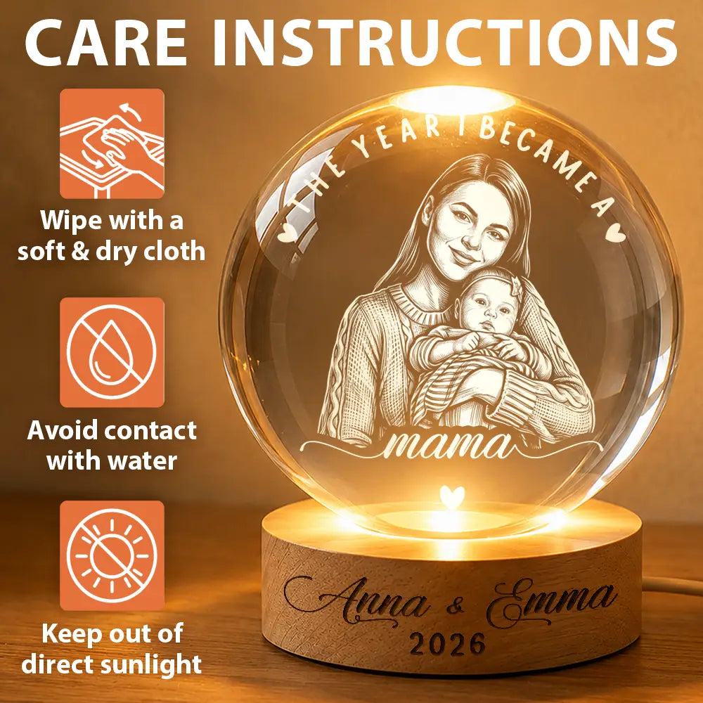 Art Design,Christmas,Custom Photo,First Christmas,Gift For Mother,Gifts For Her,Happy,New Baby,New Mom,Photo - Pencil Sketch - Dark BG - White BG - Gift For New Mom - Personalized Custom Photo Pencil Sketch The Year I Became A Mama Crystal Globe Lamp