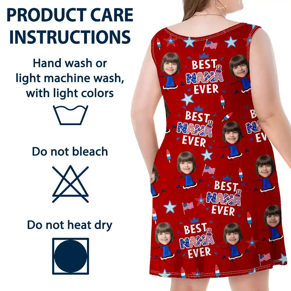 Gift For Mother,Gift For Grandma,Happy,Summer,Independence Day,Photo,Icon,Humorous - Custom Photo Stars & Stripes Best Mom Grandma Ever - Personalized Sleeveless Tank Dress