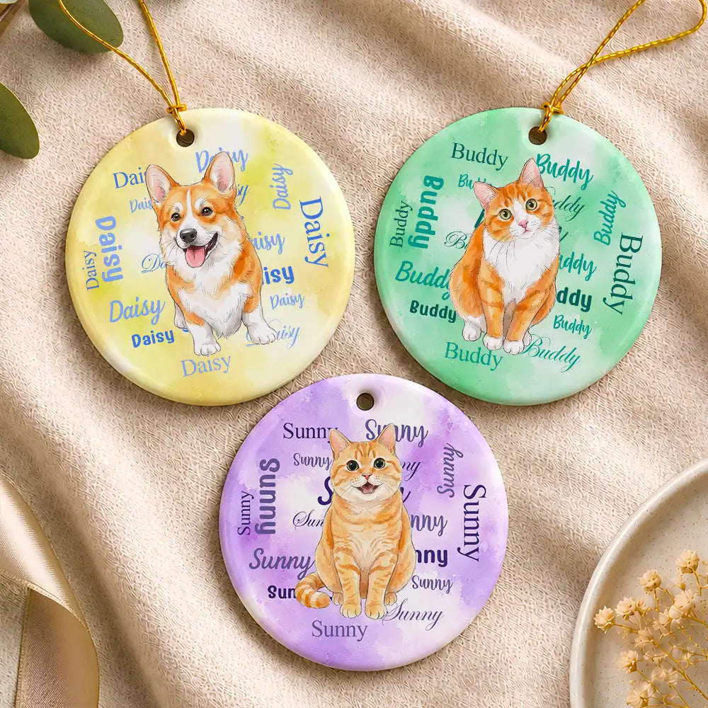 Art Design,Christmas,Custom Photo,Pet Lovers,Photo - Vivid Watercolor Art,Playful - Christmas Gift For Pet Lover - Personalized Custom Photo Watercolor Watercolor Pet With Name Circle Ceramic Ornament