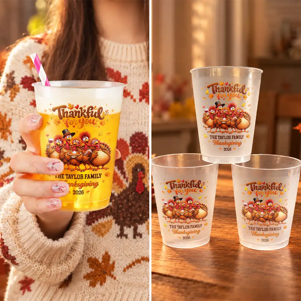 Custom Text, Family, Humorous, Thanksgiving, Top Market - Thanksgiving Gift For Family Gathering - Personalized Family Name & Year Thankful For You Turkeys Frosted Cups