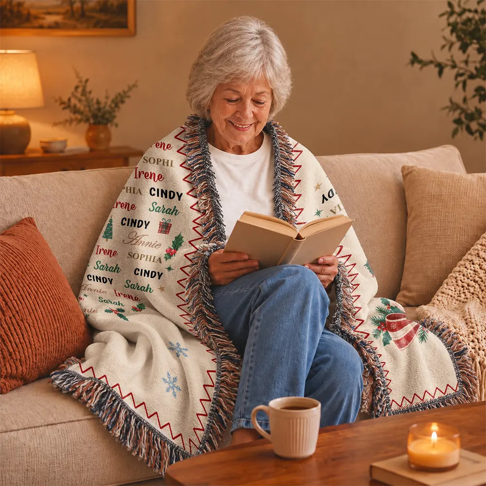 Christmas,Custom Text,Gift For Grandma,Gifts For Her,Sentimental - Christmas Gift For Grandma Mom - Personalized Family & Member Names Word Art Tree Star Wreath Woven Blanket
