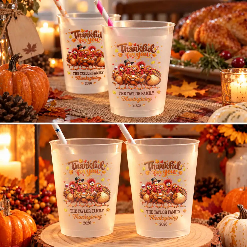 Custom Text, Family, Humorous, Thanksgiving, Top Market - Thanksgiving Gift For Family Gathering - Personalized Family Name & Year Thankful For You Turkeys Frosted Cups