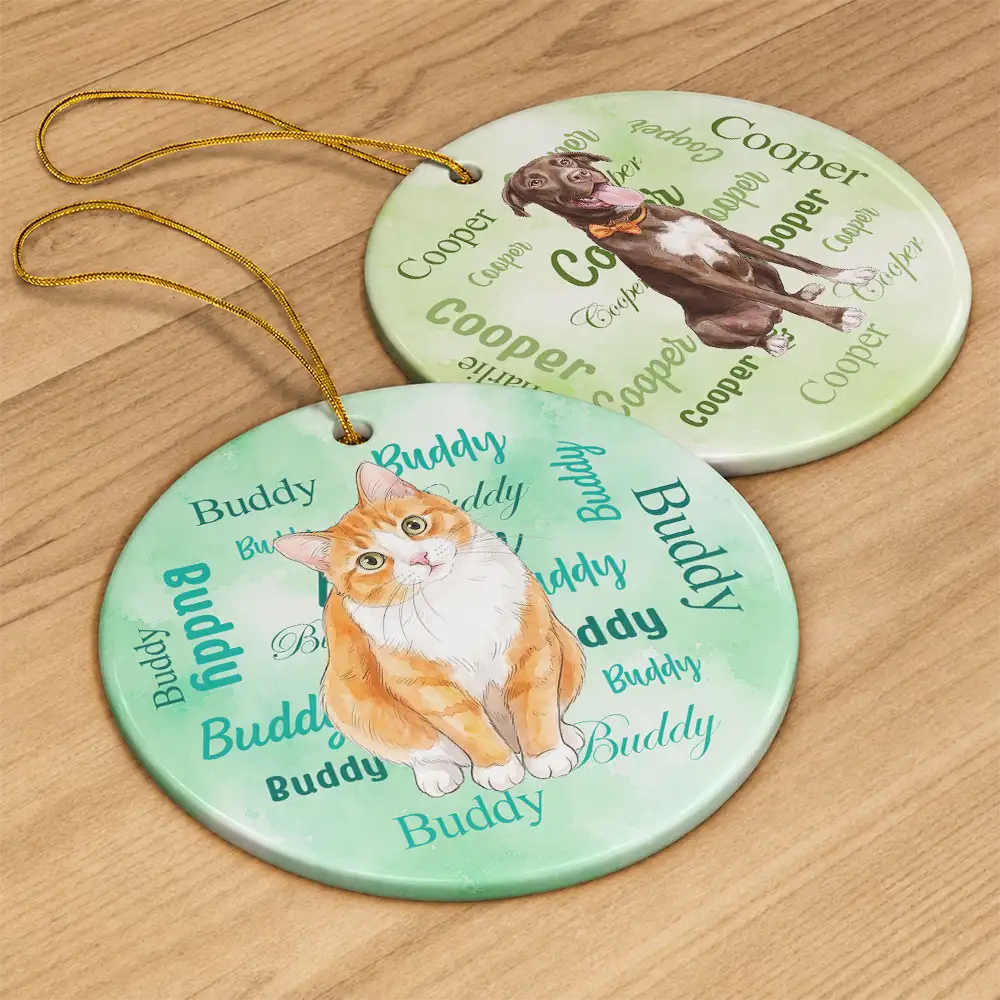 Art Design,Christmas,Custom Photo,Pet Lovers,Photo - Vivid Watercolor Art,Playful - Christmas Gift For Pet Lover - Personalized Custom Photo Watercolor Watercolor Pet With Name Circle Ceramic Ornament