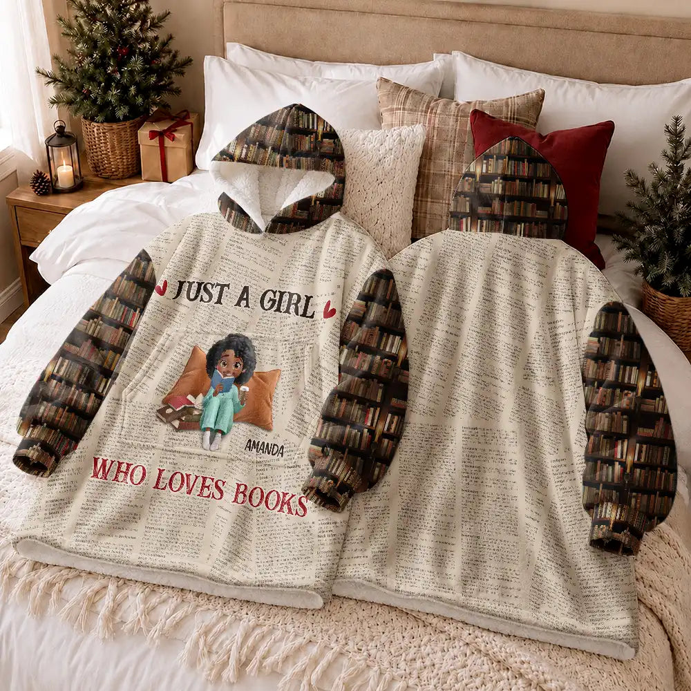 Confident,Gift For Yourself,Gifts For Her,Gifts For Him,Reading,Vector - Gifts For Book Lovers - Personalized Just A Girl Who Loves Book Oversized Blanket Hoodie