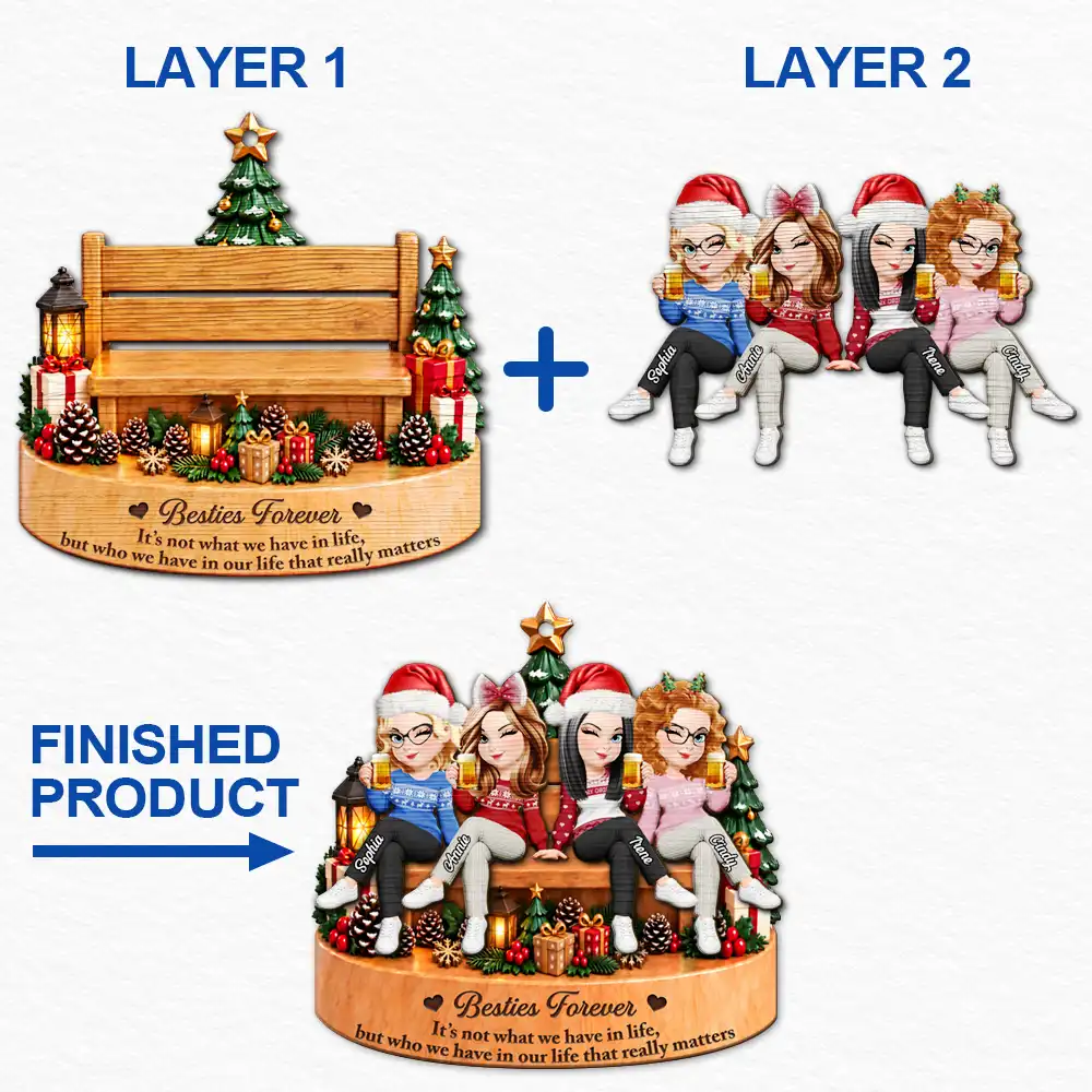 Afro Besties,Christmas,Gift For Bestie,Sentimental,Vector - Christmas Gift For Besties - Personalized Friends Sitting Together 2-Layered Wooden Ornament