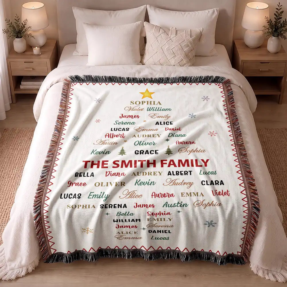 Christmas,Custom Text,Gift For Grandma,Gifts For Her,Sentimental - Christmas Gift For Grandma Mom - Personalized Family & Member Names Word Art Tree Star Wreath Woven Blanket