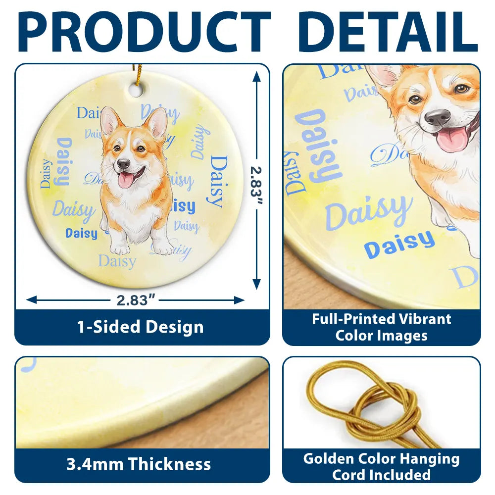 Art Design,Christmas,Custom Photo,Pet Lovers,Photo - Vivid Watercolor Art,Playful - Christmas Gift For Pet Lover - Personalized Custom Photo Watercolor Watercolor Pet With Name Circle Ceramic Ornament