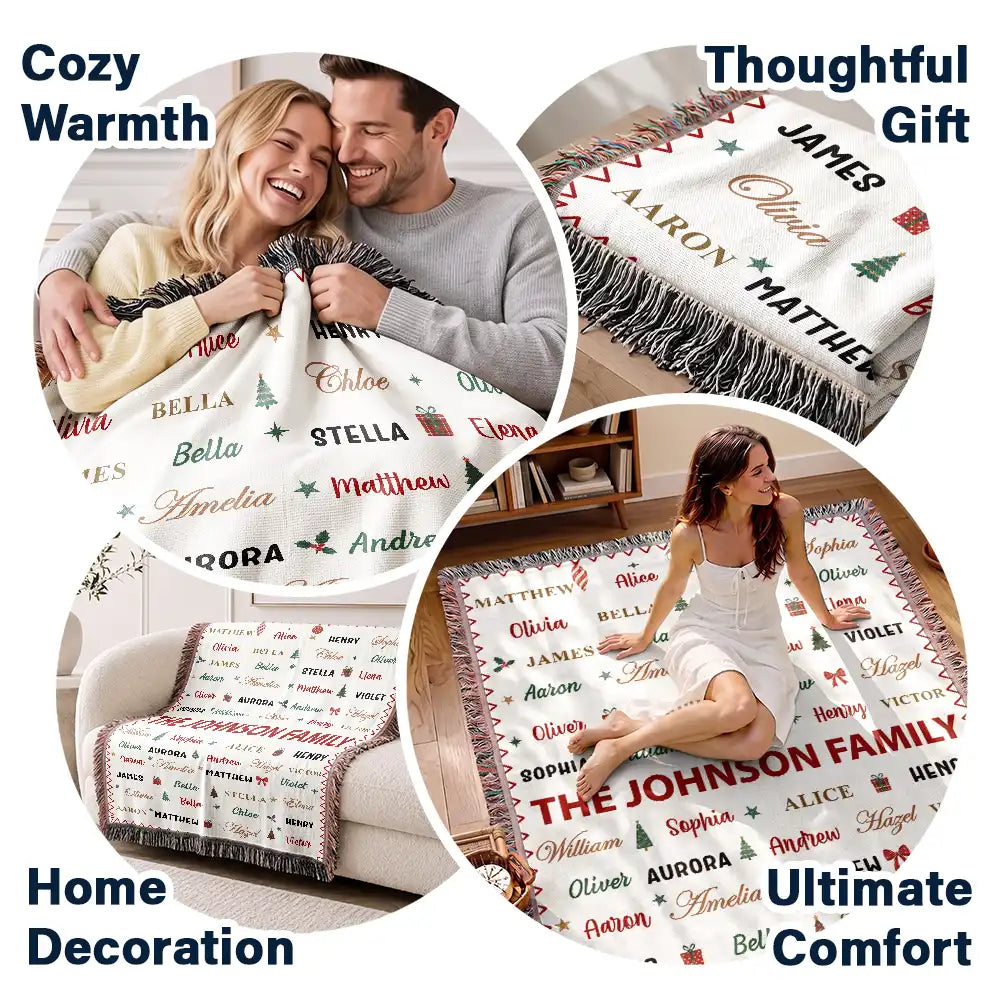 Christmas,Custom Text,Gift For Grandma,Gifts For Her,Sentimental - Christmas Gift For Grandma Mom - Personalized Family & Member Names Word Art Tree Star Wreath Woven Blanket