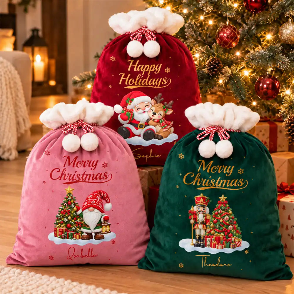 Christmas,Family,Happy,Icon - Family Christmas Gifts - Personalized Name & Character Santa Reindeer Penguin Gnome Velvet Favor Bag