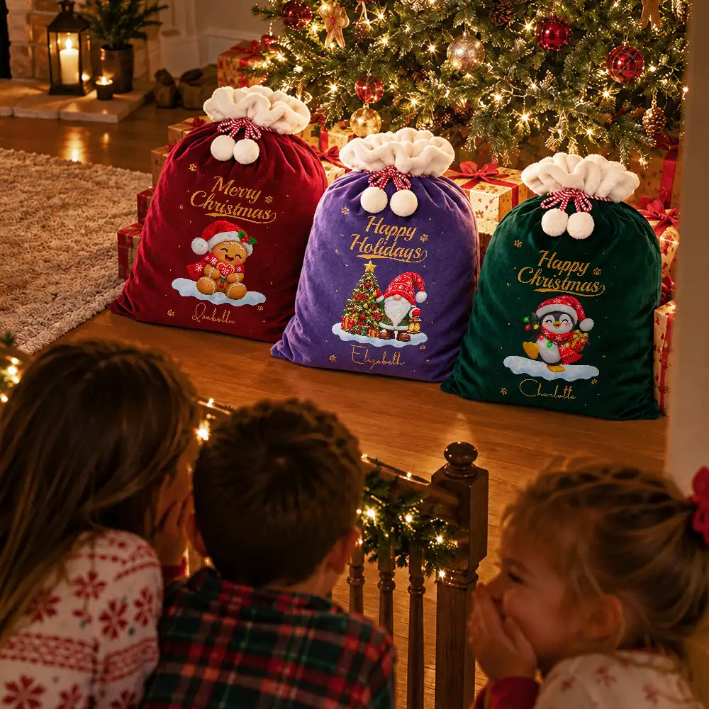 Christmas,Family,Happy,Icon - Family Christmas Gifts - Personalized Name & Character Santa Reindeer Penguin Gnome Velvet Favor Bag