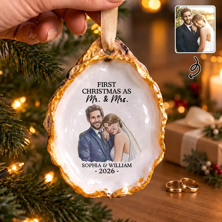 First Christmas Married Gift For Couples - Personalized Custom Photo Watercolor Mr & Mrs Wedding Portrait Oyster Ornament