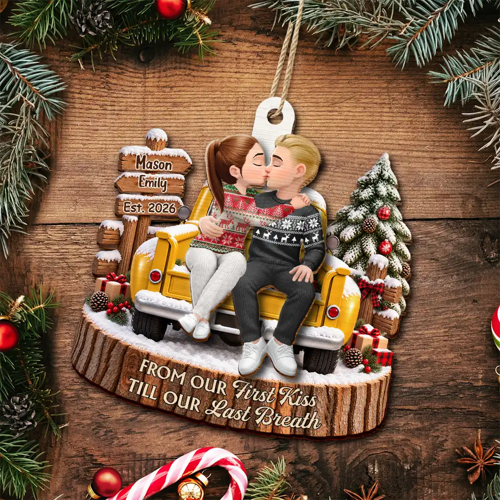 Christmas, Gift For Couples, Old Couples, Romantic, Vector - Christmas Gift For Couples - Personalized Farmhouse Red Truck 2-Layered Wooden Ornament