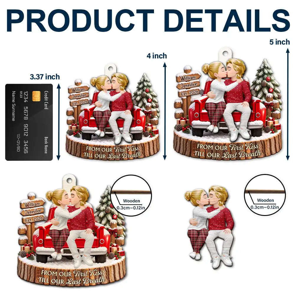 Christmas, Gift For Couples, Old Couples, Romantic, Vector - Christmas Gift For Couples - Personalized Farmhouse Red Truck 2-Layered Wooden Ornament
